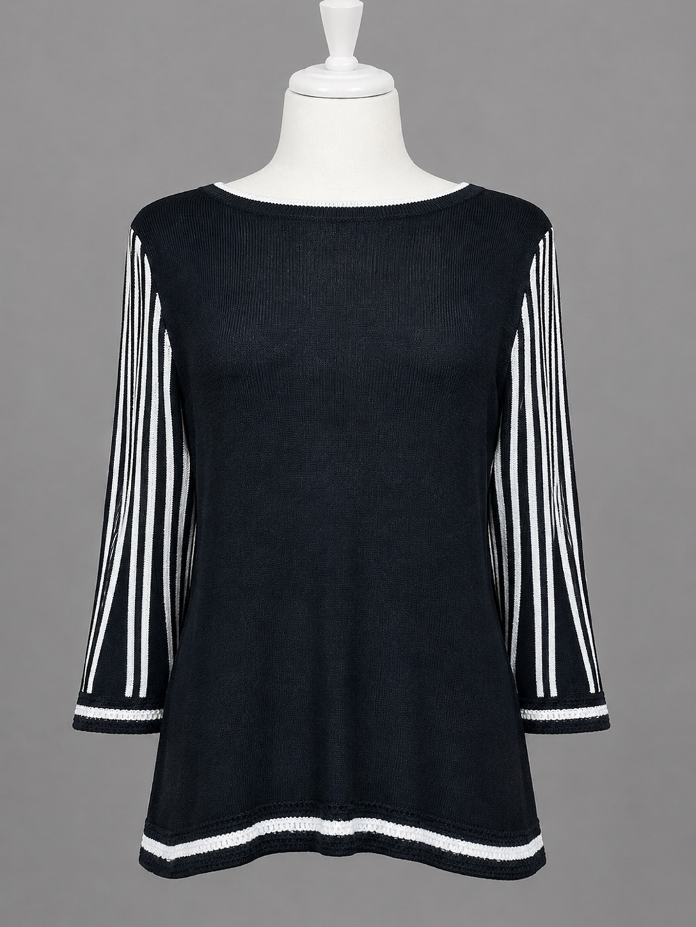Ann Taylor Black Knit Sweater Top White Stripe Flare Sleeves Size L
